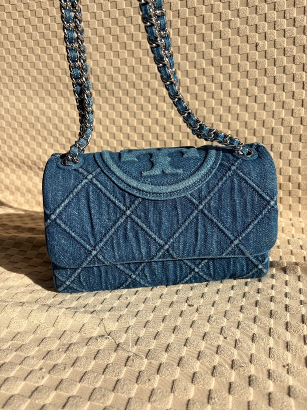 Authentic Tory Burch Denim Quilted Chain Shoulder/Crossbody Bag